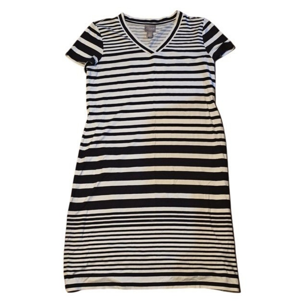 Chicos Striped T-Shirt Dress Black White V-Neck Short Sleeve Knee Length Size 0